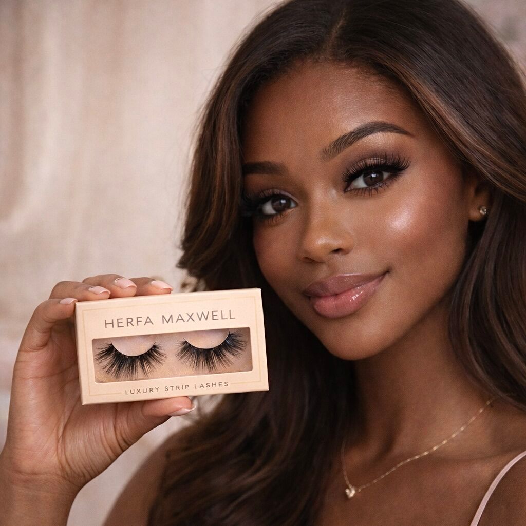 Beauty portrait of a woman wearing soft glam makeup and long loose waves, holding a Herfa Maxwell luxury strip lashes box while dressed in a blush pink lace camisole against a neutral background.
