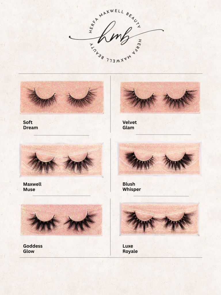 Herfa Maxwell Beauty lash style guide displaying six luxury strip lash styles—Soft Dream, Velvet Glam, Maxwell Muse, Blush Whisper, Goddess Glow, and Luxe Royale—each shown in pink glitter lash cases on a clean neutral background.
