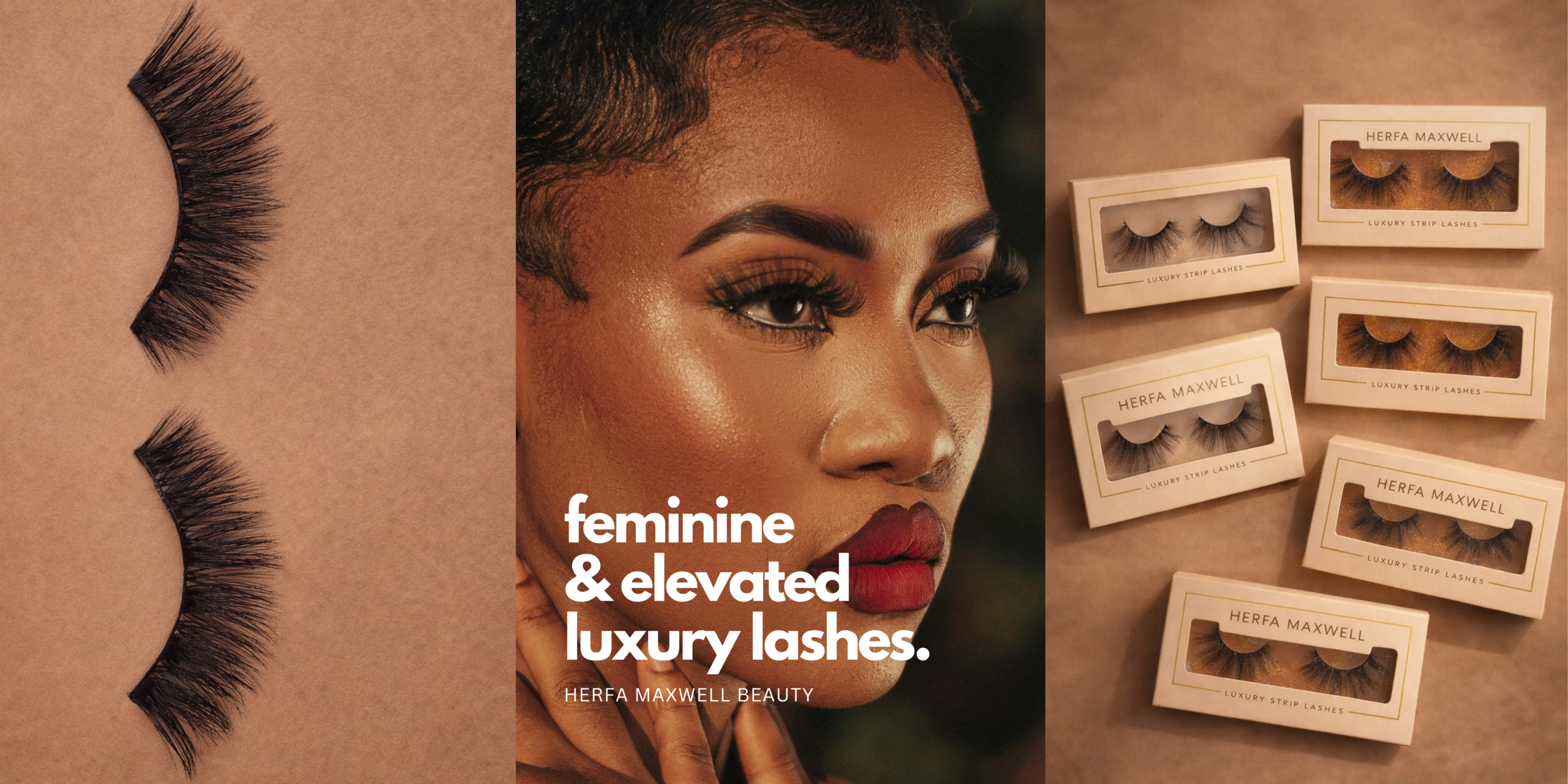 Luxury beauty banner featuring Herfa Maxwell strip lashes, a close-up glam makeup portrait of a woman wearing dramatic lashes and bold lipstick, and branded lash packaging, styled in warm neutral tones with the text “feminine &  elevated luxury lashes.”
